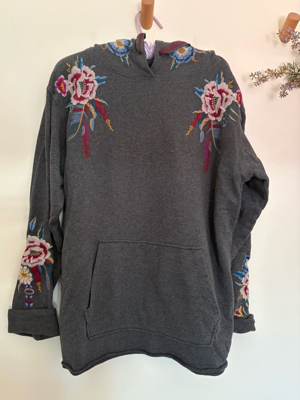 Johnny Was Embroidered Floral Hoodie Oversized Boho Sweatshirt Gray Small
